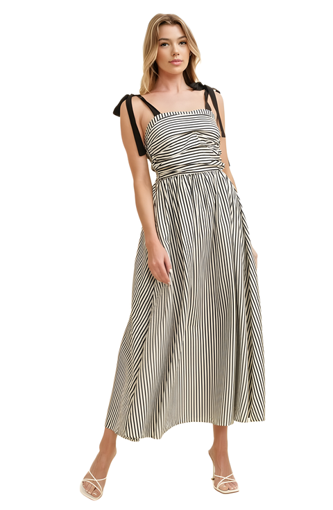 Striped Shoulder Tie Maxi Dress