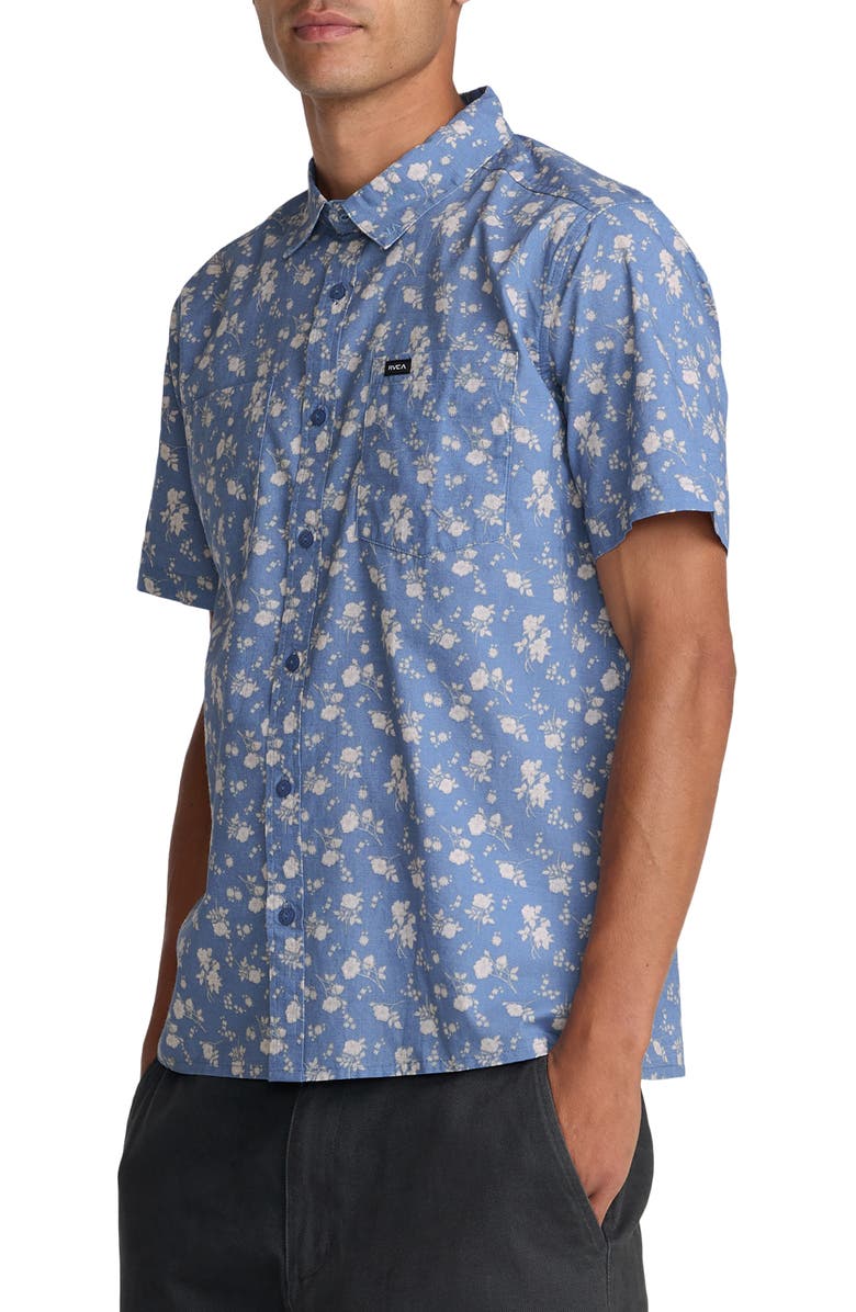 RVCA Breezy Floral Short Sleeve Button-Up Shirt, Alternate, color, Vintage Blue