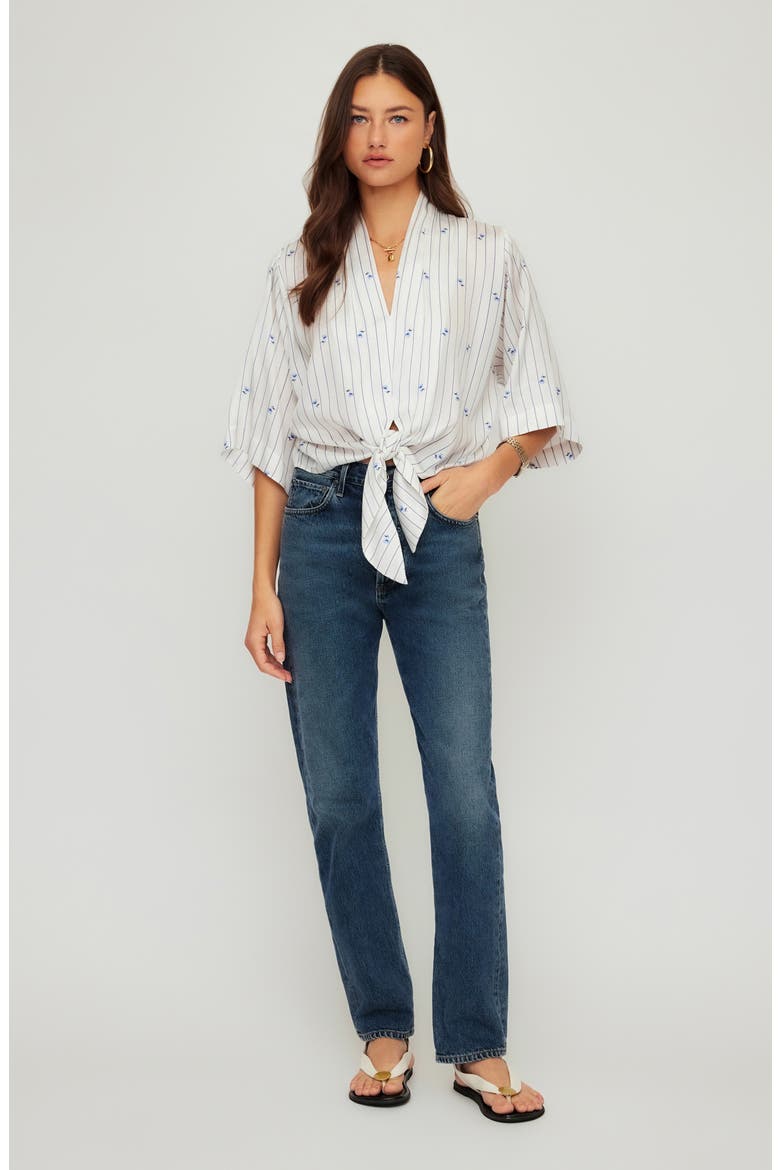 Bernice Floral Stripe Tie-Front Top, Alternate, color, CREAM/ BLUE