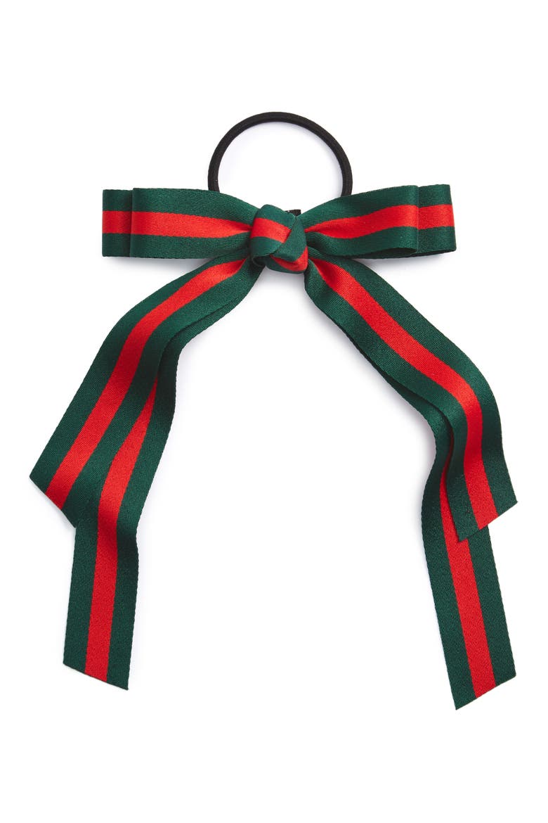 Stripe Bow Ponytail Holder, Main, color, GREEN/ RED
