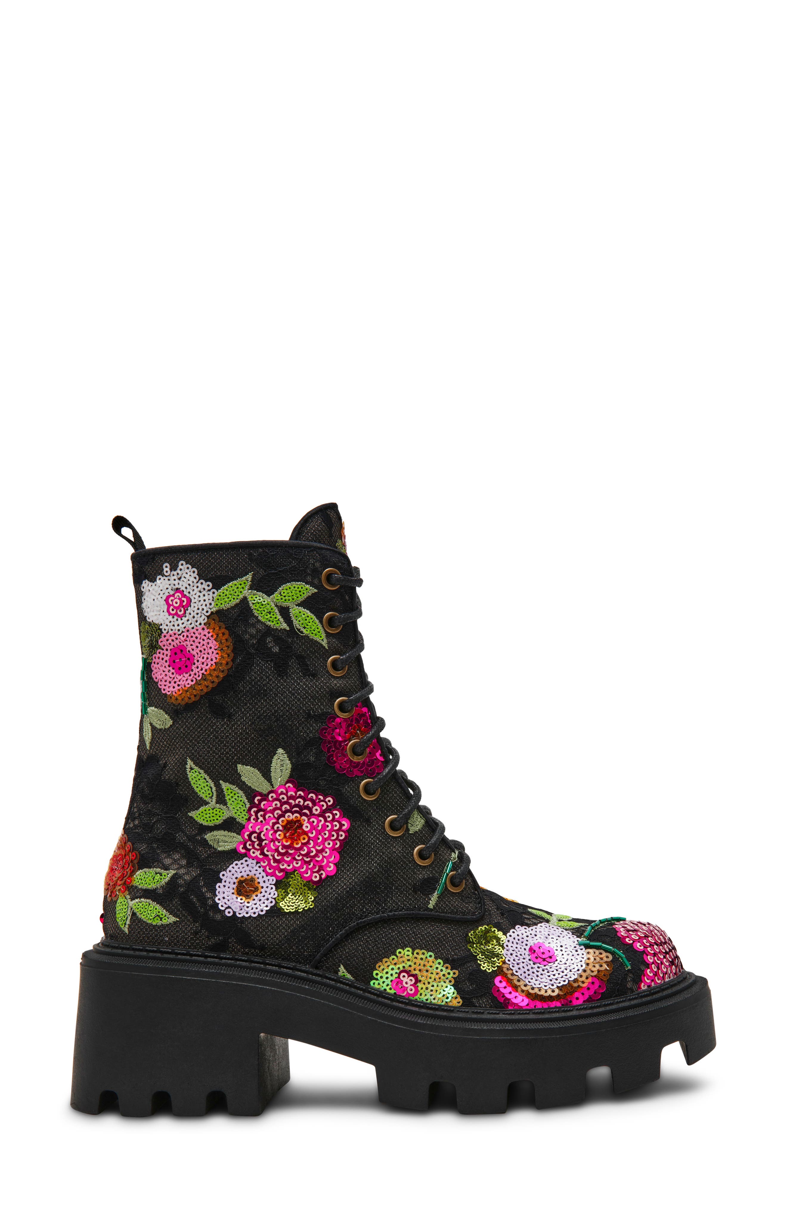Zina Sequin Lace Combat Boot, Alternate, color, BLACK FLORAL