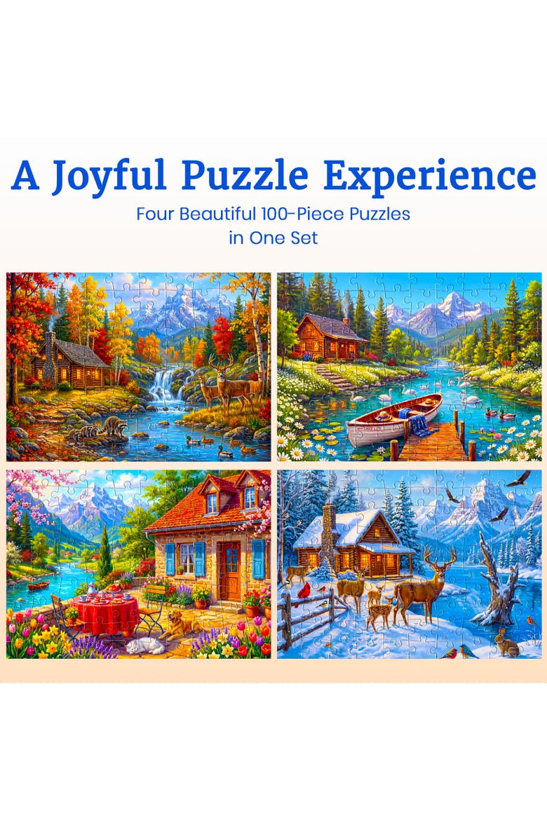 100 Piece Jigsaw Puzzles for Adults & Seniors - 4 Pack Large Piece Puzzle Set, Alternate, color, Seasons