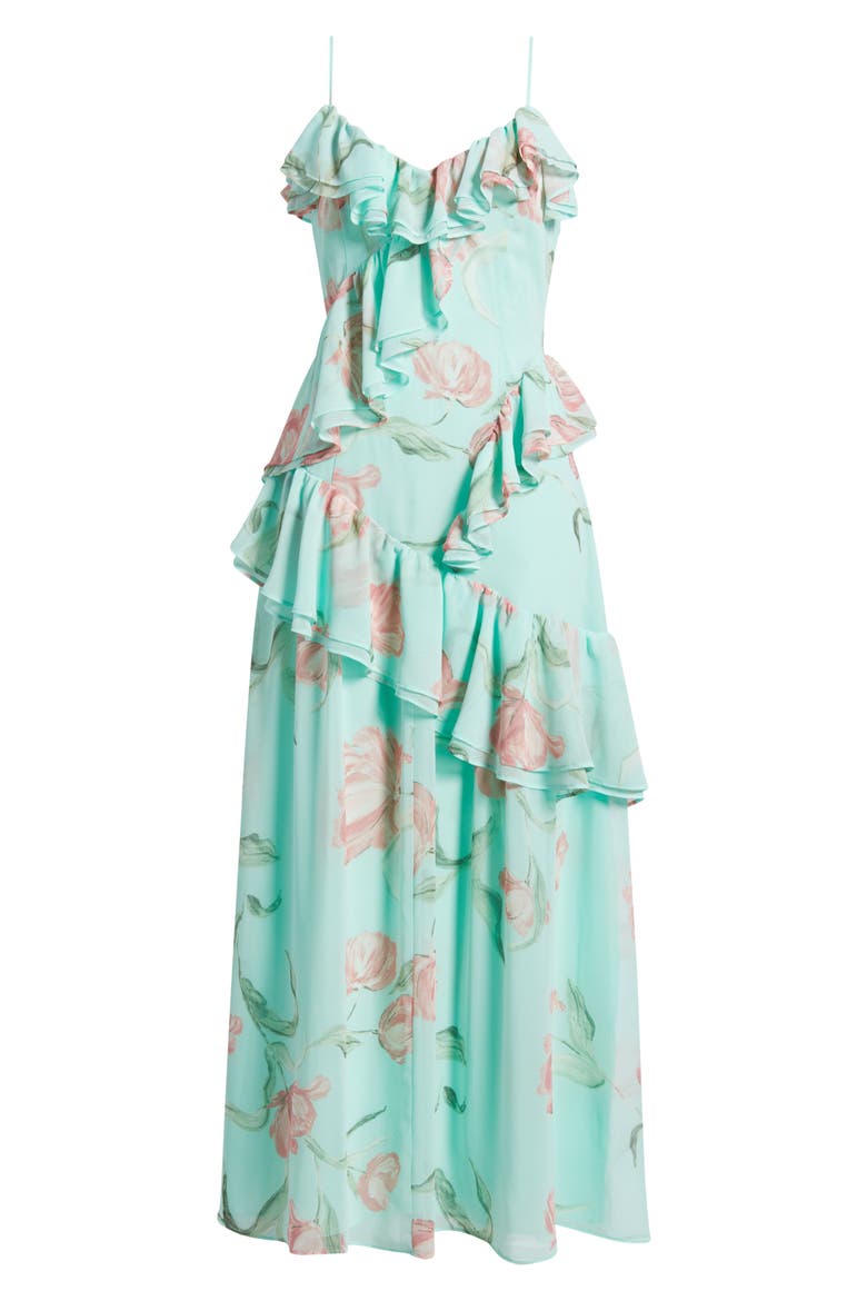 V-Neck Drape Maxi Dress, Alternate, color, AQUA- PINK TULIP FIELD