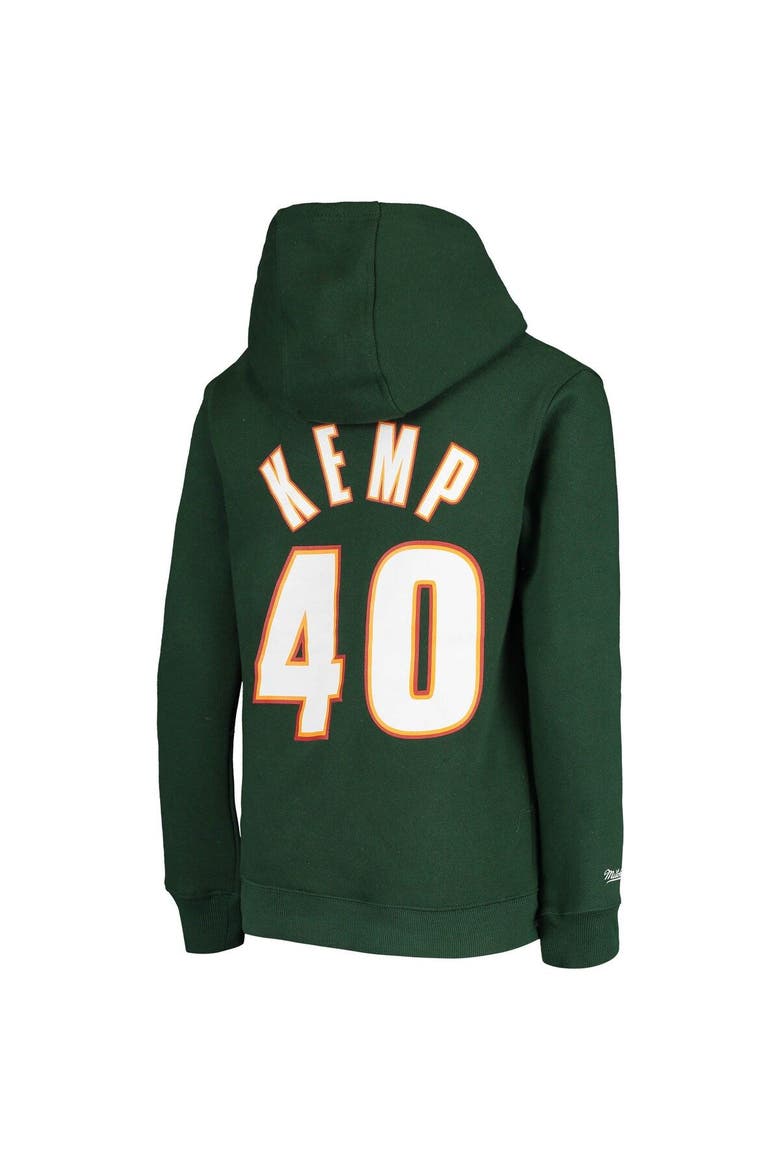 Youth Mitchell & Ness Shawn Kemp Green Seattle SuperSonics Hardwood Classics Name & Number Pullover Hoodie, Alternate, color, Green