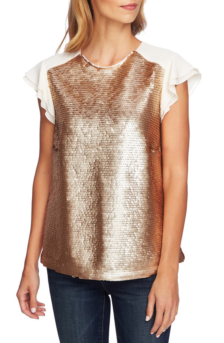 CeCe Sequin Flutter Sleeve Top, Main, color,