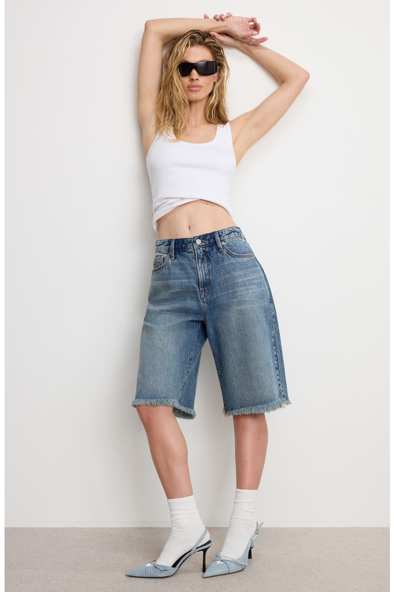 Good Standard Frayed Denim Bermuda Shorts, Alternate, color, INDIGO808