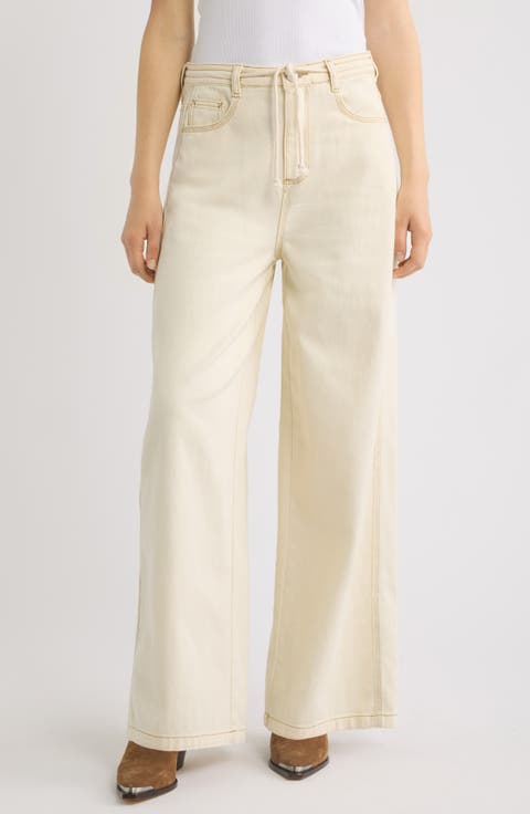 Drawstring High Waist Cotton Wide Leg Pants