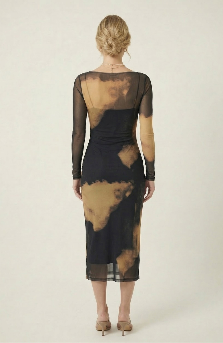 Modenaire Mesh Overlay Layered Set Midi Dress, Alternate, color, Black