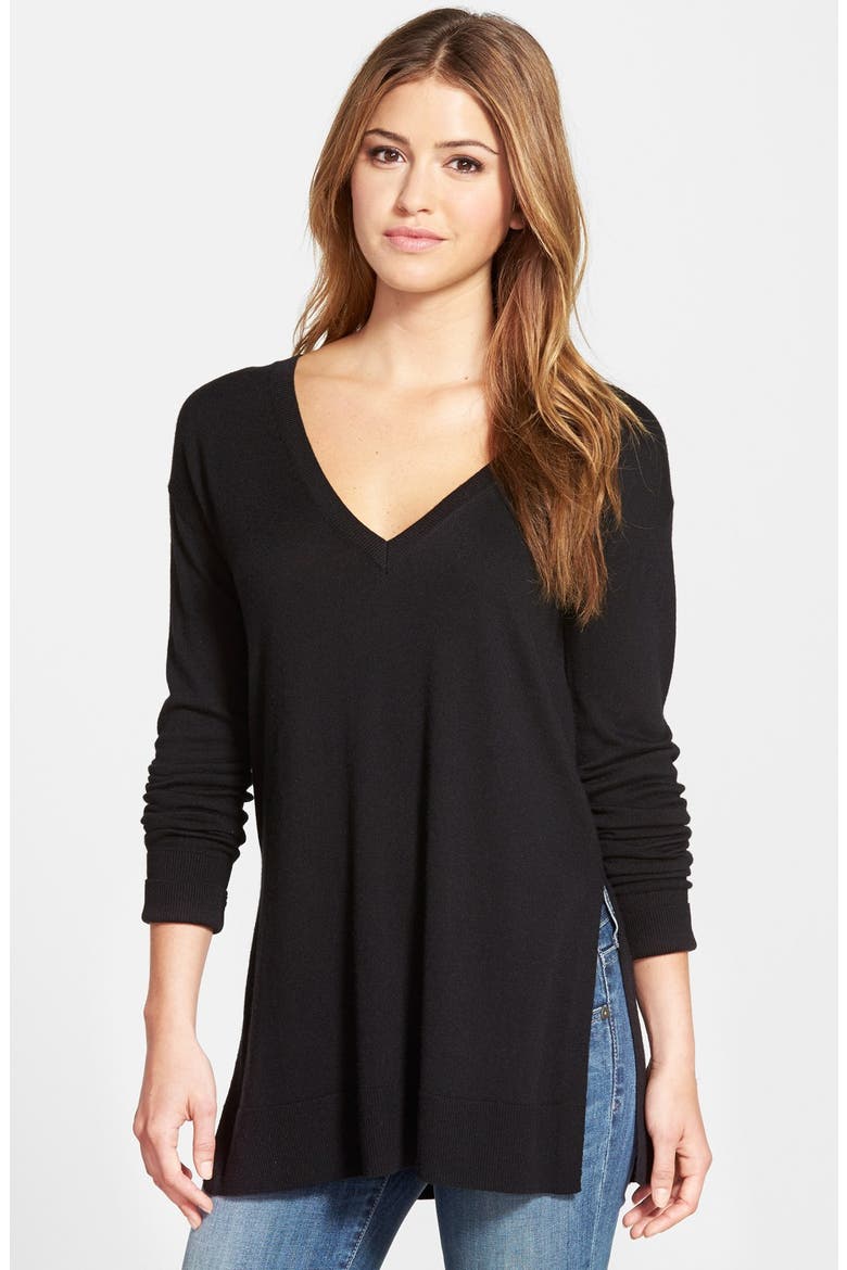 Side Slit V-Neck Tunic Sweater, Main, color, BLACK