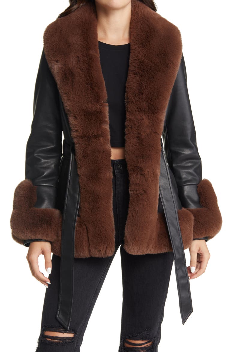 Faux Leather & Faux Fur Belted Coat, Alternate, color, BLACK