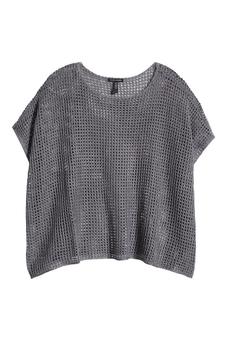 Open Stitch Short Sleeve Organic Linen Sweater, Alternate, color, STEEL