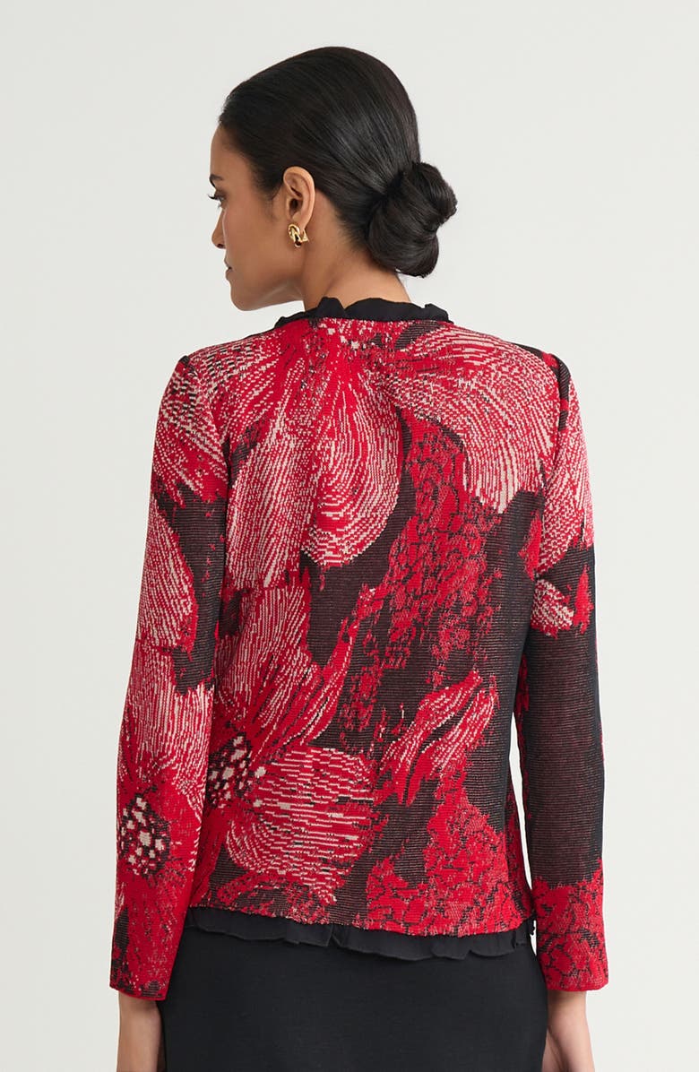Ming Wang Heritage Floral Ruffle Trim Jacquard Knit Jacket, Alternate, color, Holiday/Twig/Black