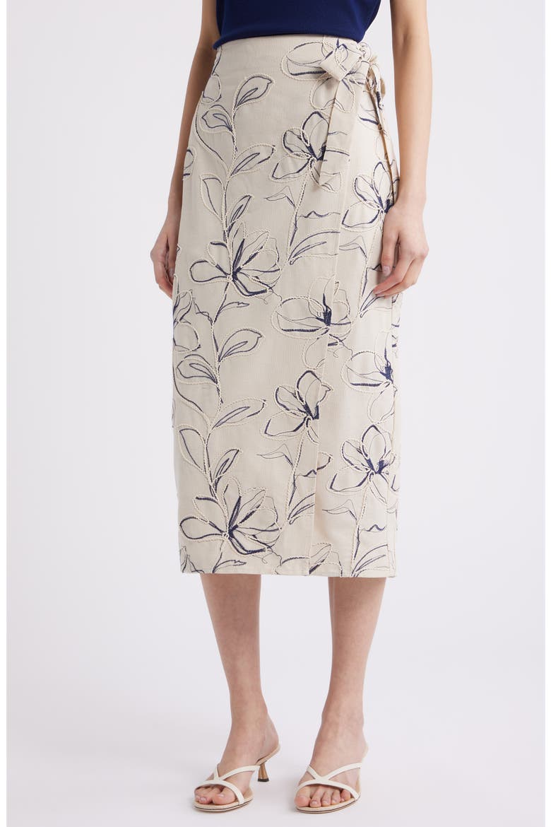 Embroidered Faux Wrap Midi Skirt, Main, color, NATURAL GRAIN MLT