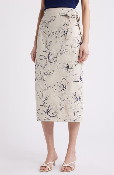 Embroidered Faux Wrap Midi Skirt (Regular & Petite)