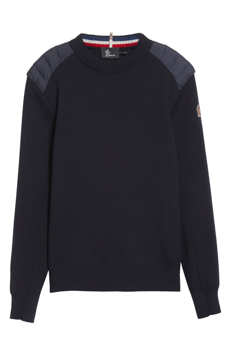 Moncler Quilted Shoulder Virgin Wool Blend Sweater, Main, color, Maritime Blue