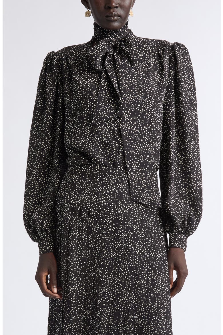 Starry Long Sleeve Silk Minidress, Main, color, BLACK/ CREAM