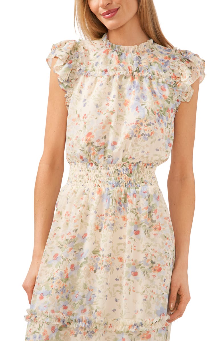 CeCe Floral Ruffle Midi Dress, Alternate, color, Egret