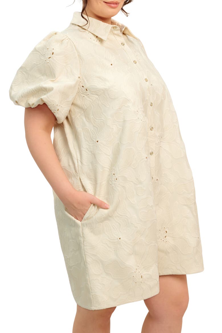Floral Textured Puff Sleeve Cotton Shirtdress, Alternate, color, CREAM