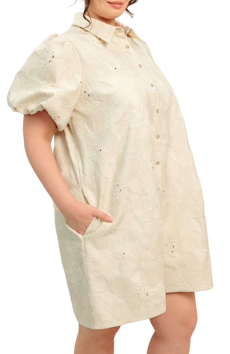 FLYING TOMATO Floral Textured Puff Sleeve Cotton Shirtdress, Alternate, color, Cream