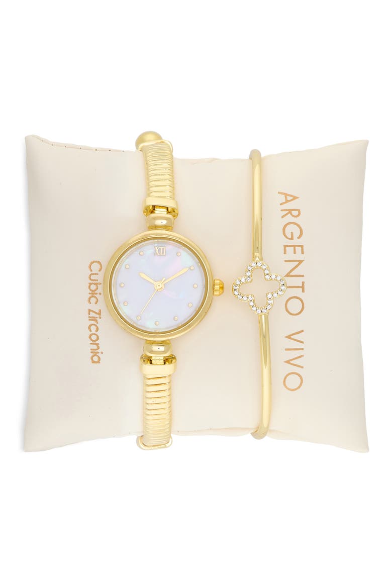 Mother-of-Pearl Bracelet Watch & Clover Bangle Bracelet Set, Main, color, GOLD
