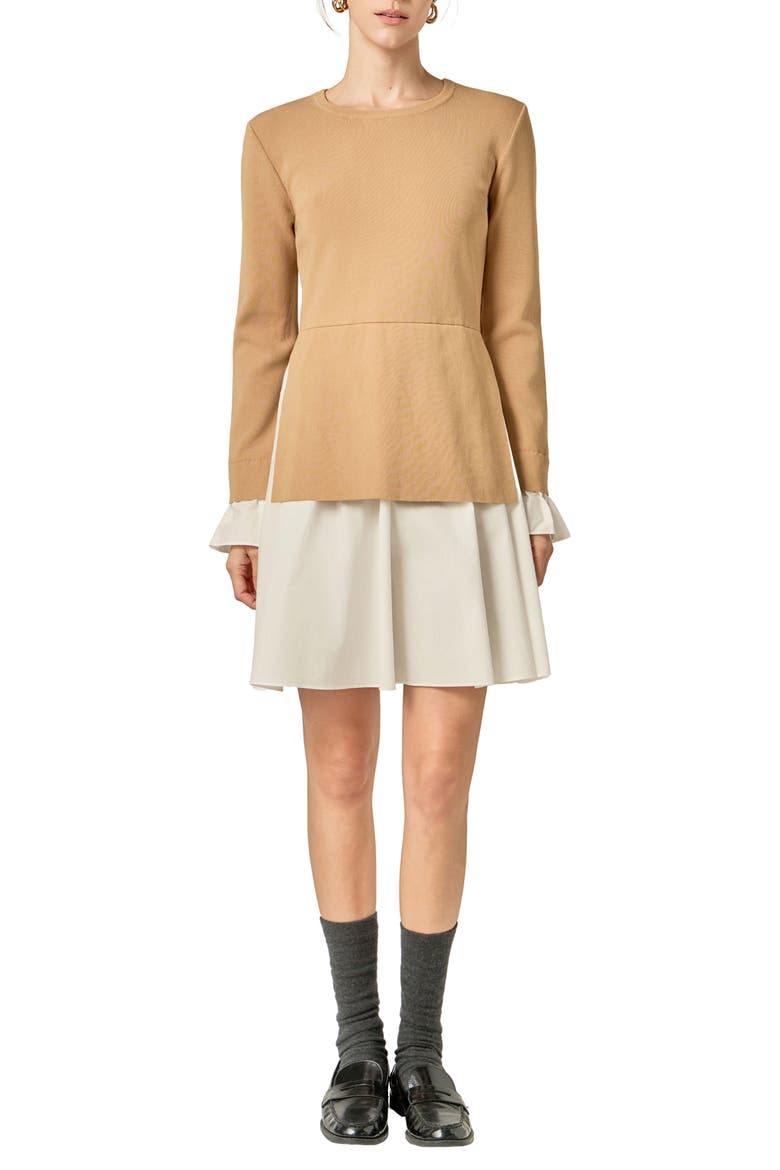Combo Knit & Poplin Dress, Main, color, TAN/ WHITE