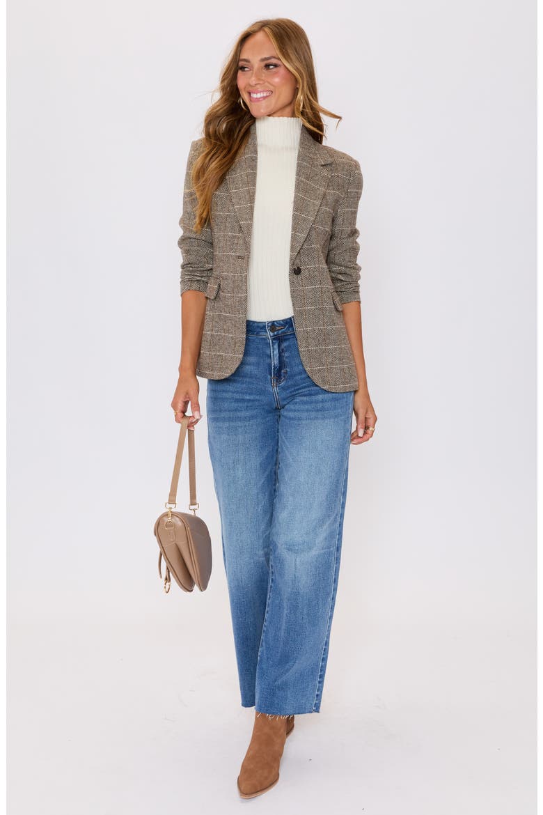 Elodie Plaid One-Button Blazer, Alternate, color, DARK BROWN HERRINGBONE