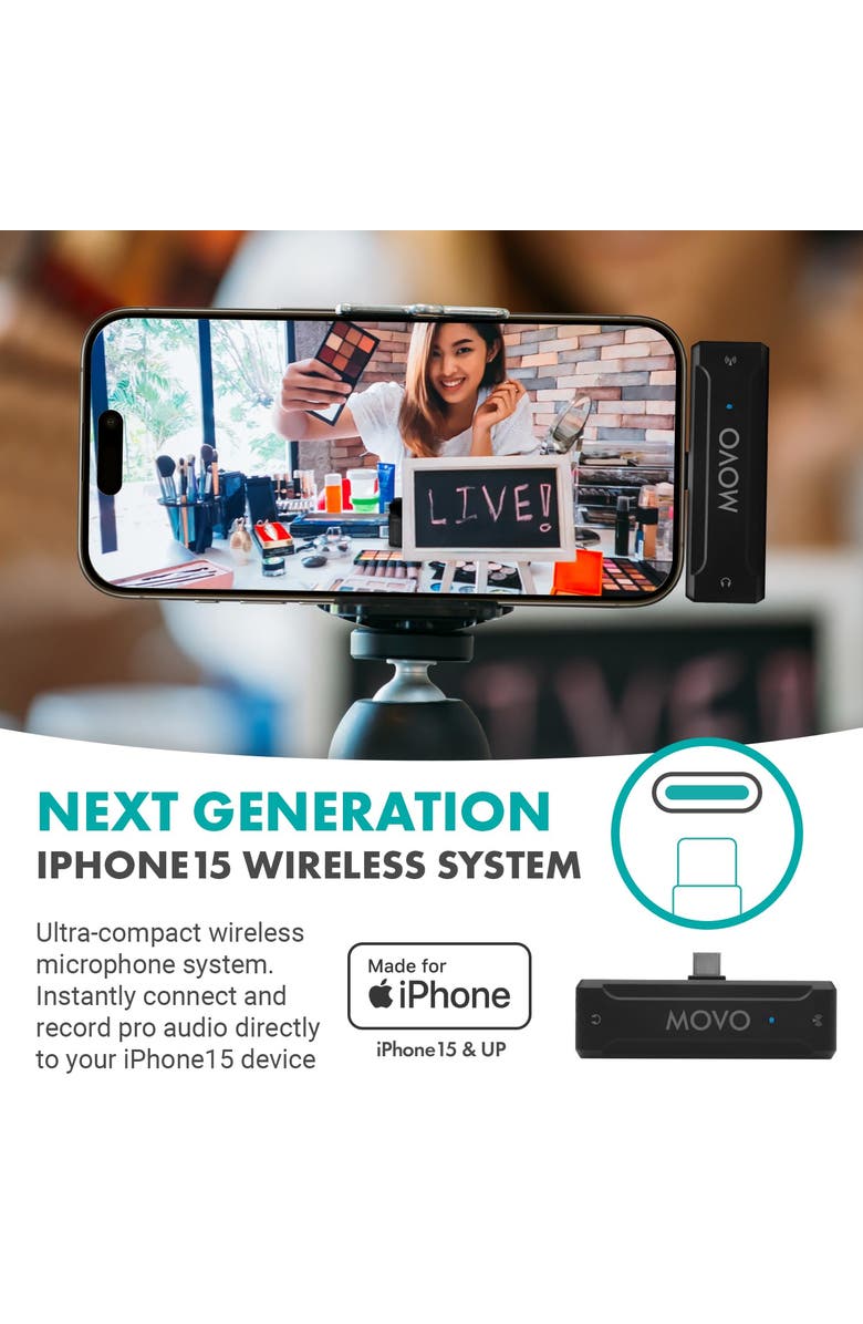 MOVO WMX-2-C Wireless Microphone for iPhone 15/16 with Charging Case, Alternate, color, Black