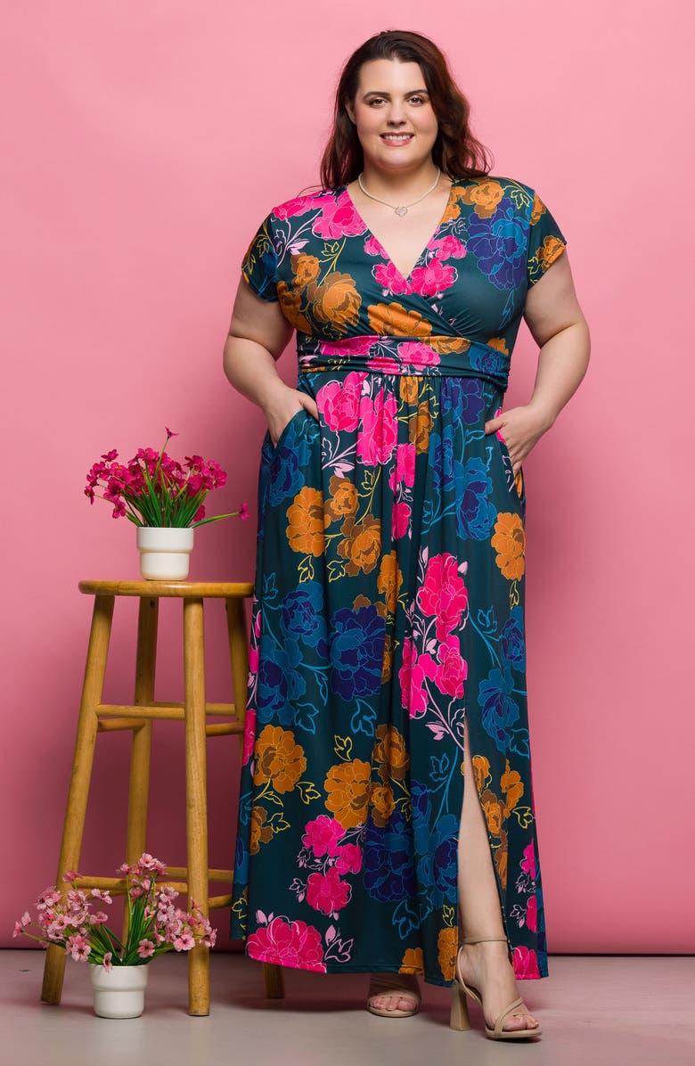 24seven Comfort Apparel Floral Knit Maxi Dress, Alternate, color, Green Multi