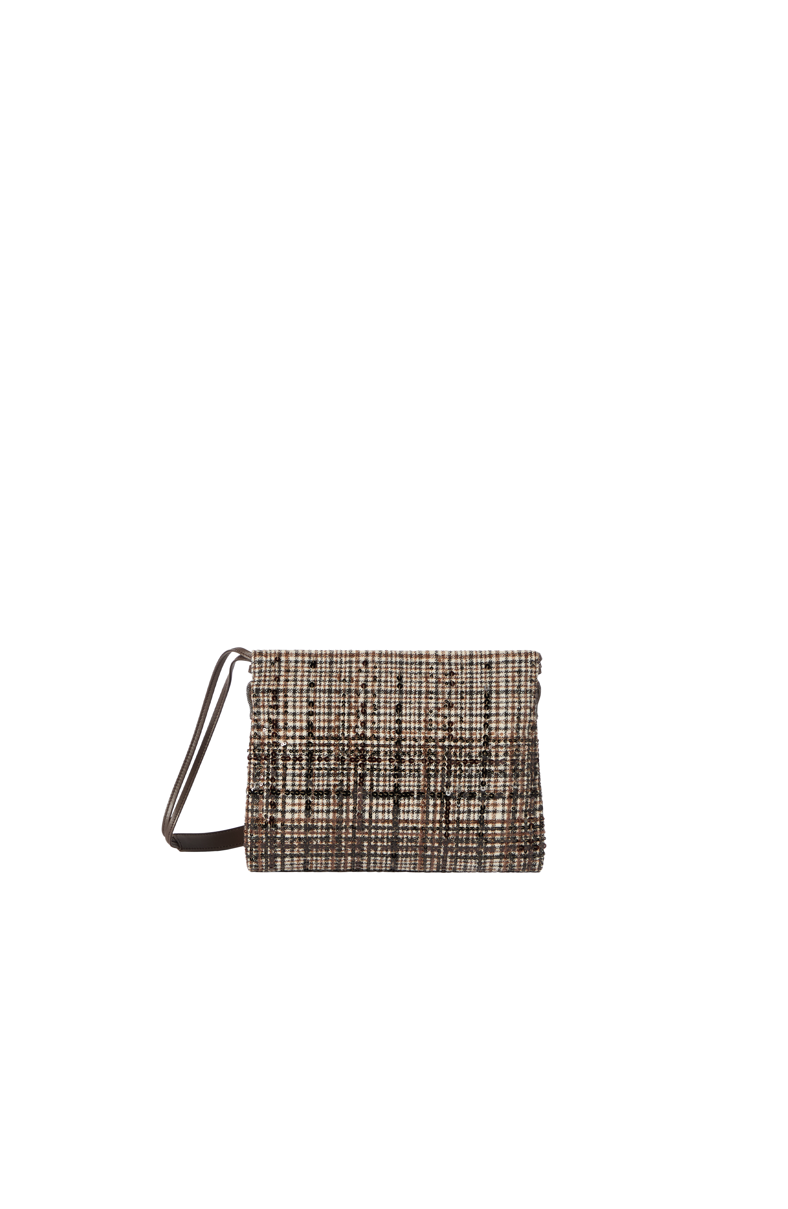 Pouch bag in water-resistant checked alpaca and wool with dazzling degradé embroidery, Alternate, color, Brown