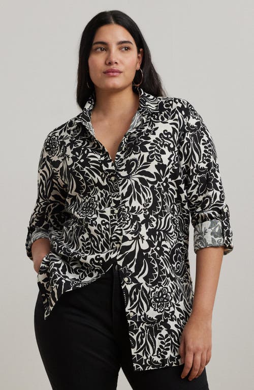 Ralph Lauren Plus Size 100% Linen Roll-tab Shirt In Cream/black