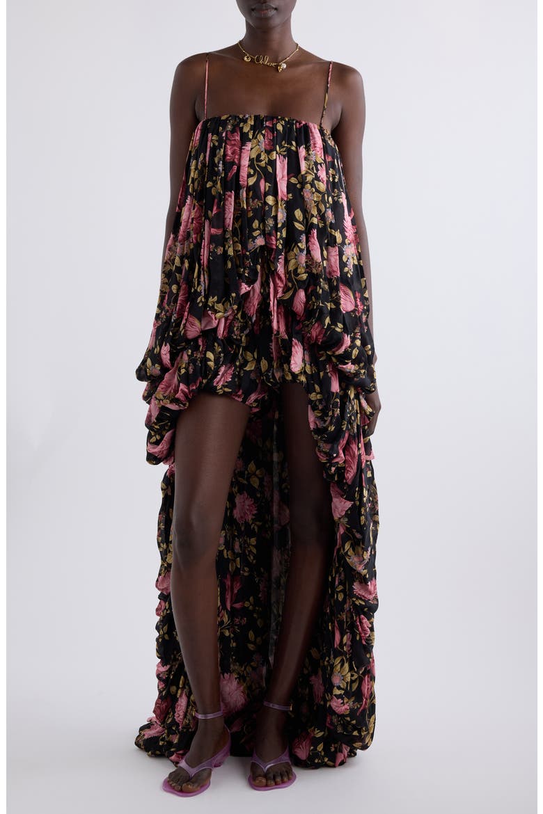 Peony Print Silk Jumpsuit, Main, color, BLACK