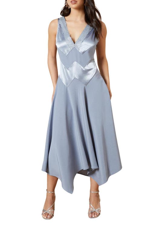 Oasis V-neck Mesh Asymmetric Midi Dress In Blue