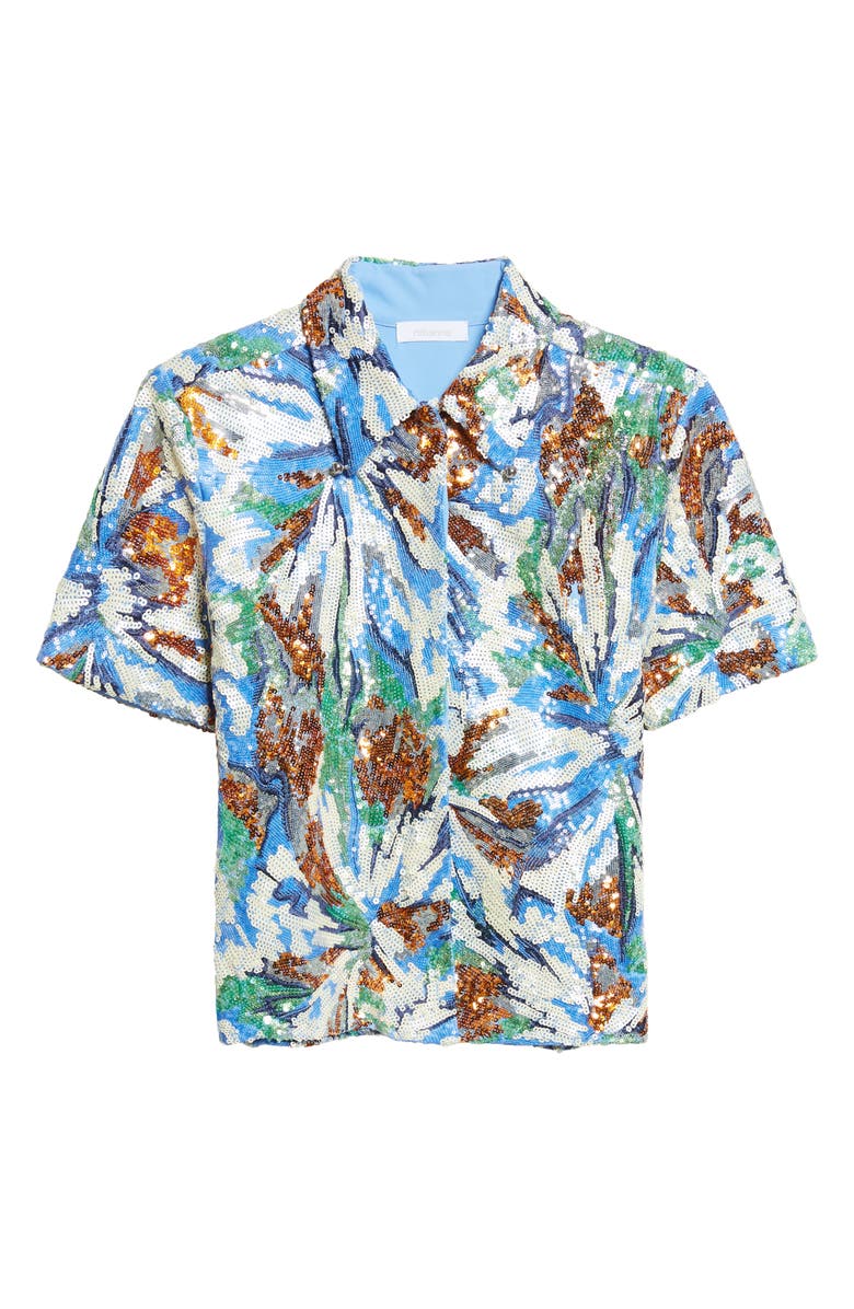 Rabanne Floral Sequin Short Sleeve Shirt, Main, color, Abstract Blue Flowers