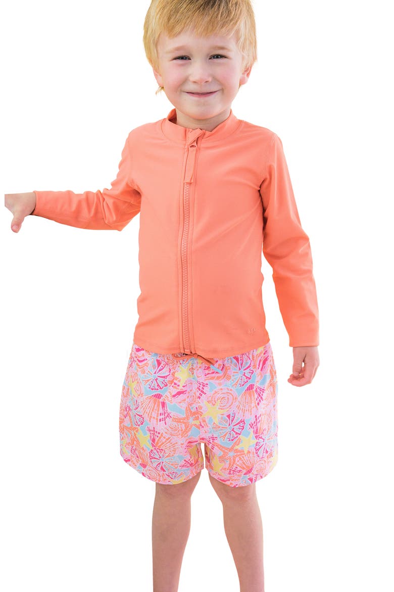 Kids' Sunset Seashells UPF 50+ Swim Trunks, Alternate, color, ORANGE