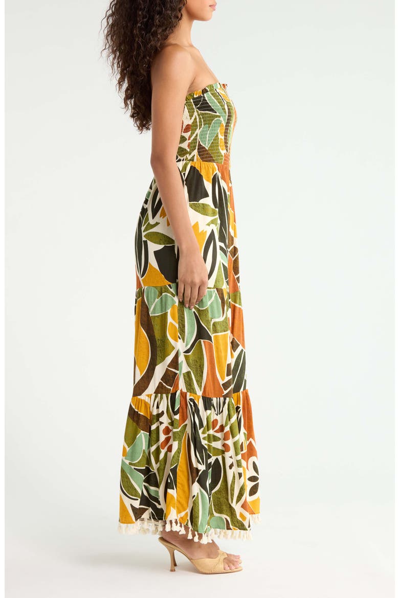 Reina Print Smocked Strapless Jumpsuit, Alternate, color, BROWN-ORANGE