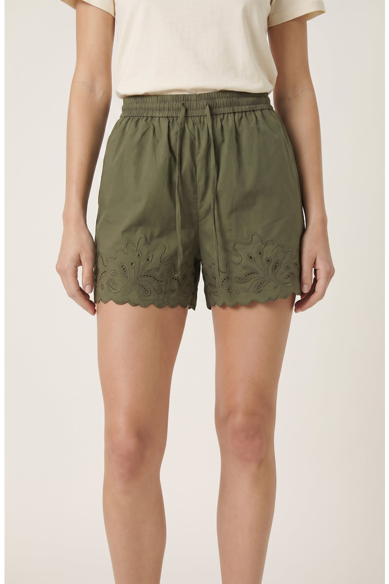 Eyelet Embroidered Shorts with Drawstring Waist and Scalloped Hems, Main, color, Green