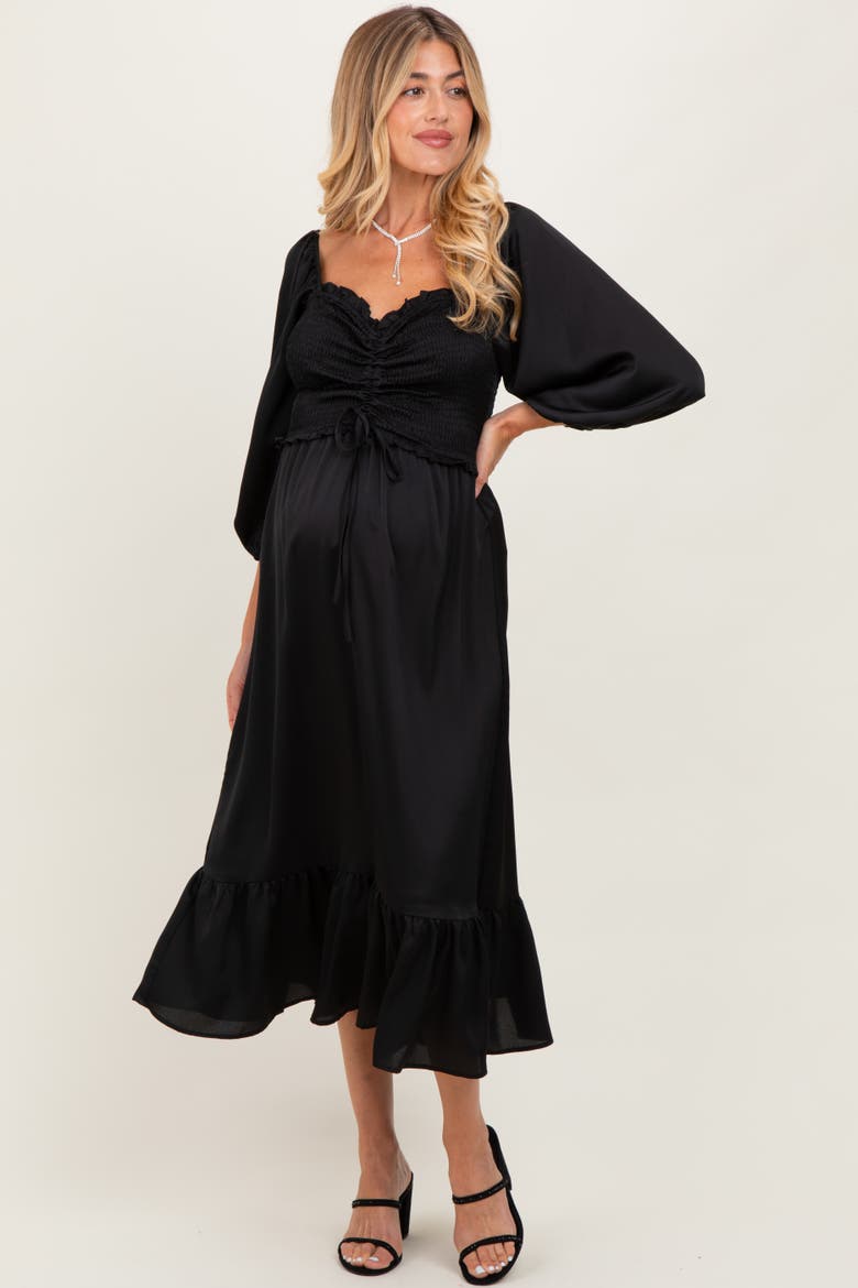 Satin Smocked Cinched Bust Midi Dress, Alternate, color, Black