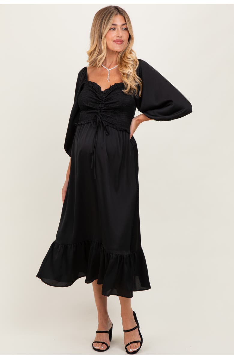 PinkBlush Satin Smocked Cinched Bust Midi Dress, Alternate, color, Black