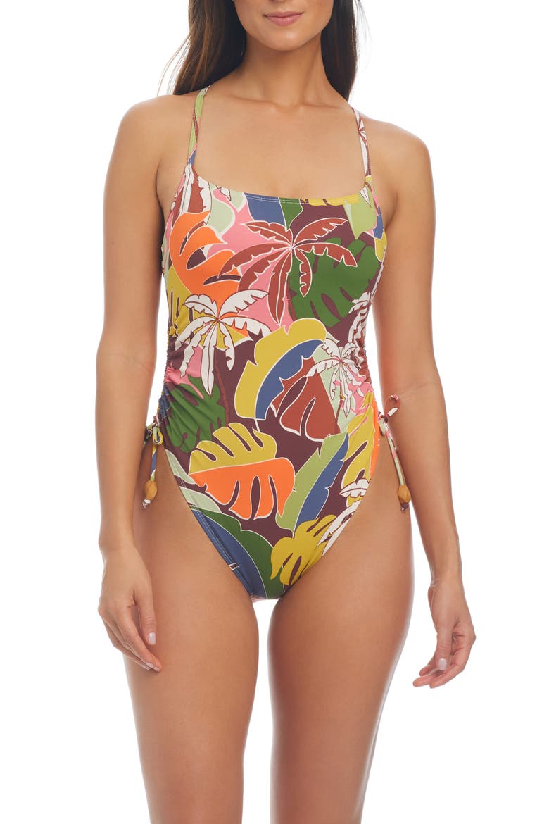 Scoop Neck Floating Underwire One-Piece Swimsuit, Main, color, BROWN MULTI