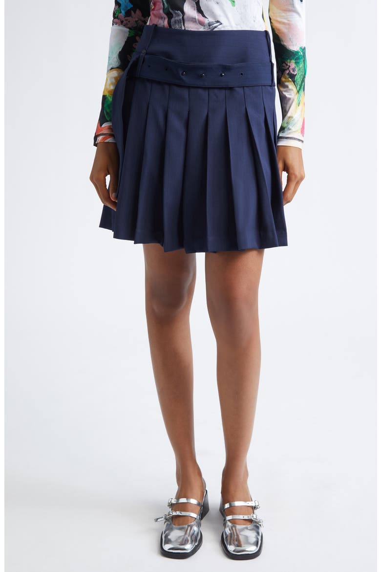 Pinstripe Belted Pleated Skirt, Main, color, DARK BLUE