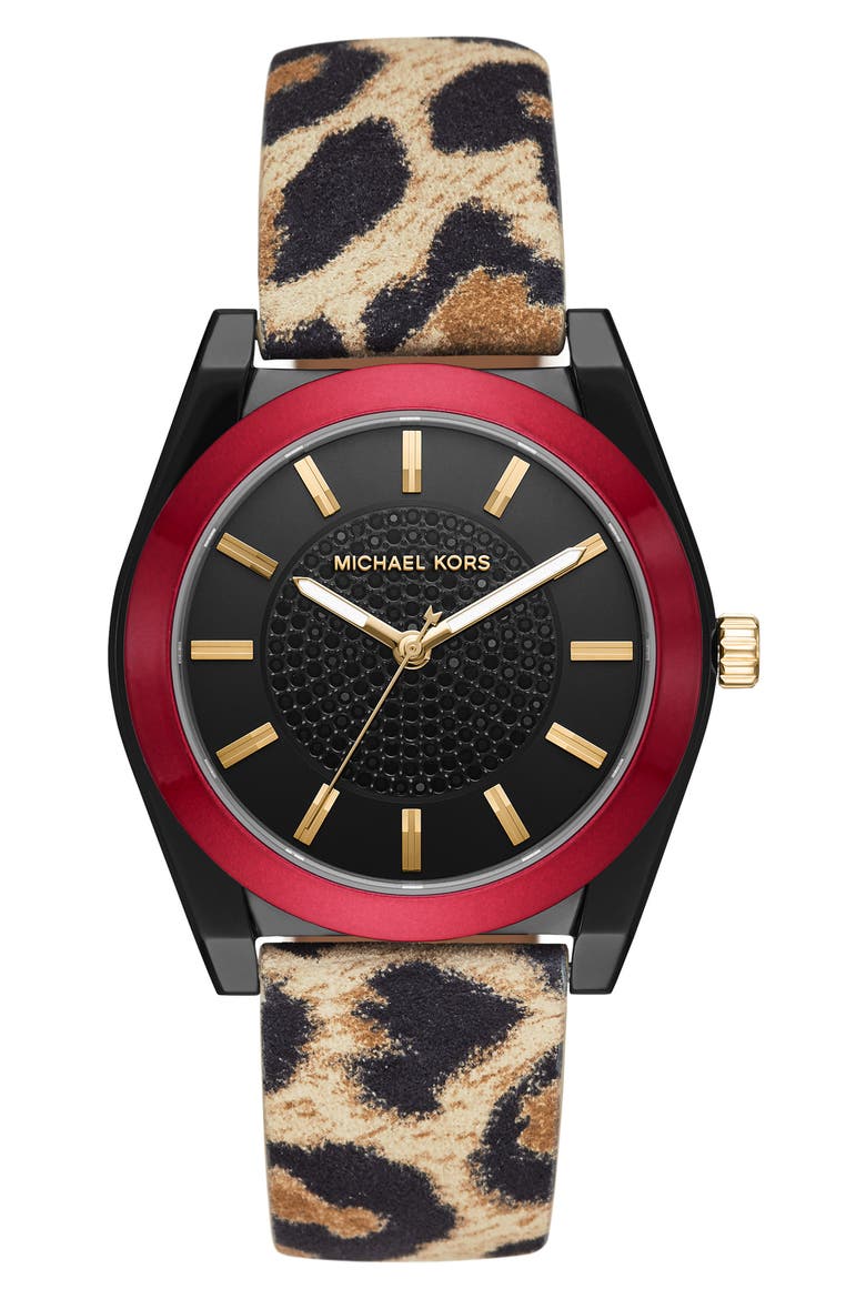 Channing Leather Strap Watch, 40mm, Main, color, LEOPARD MULTI/ BLACK/ RED