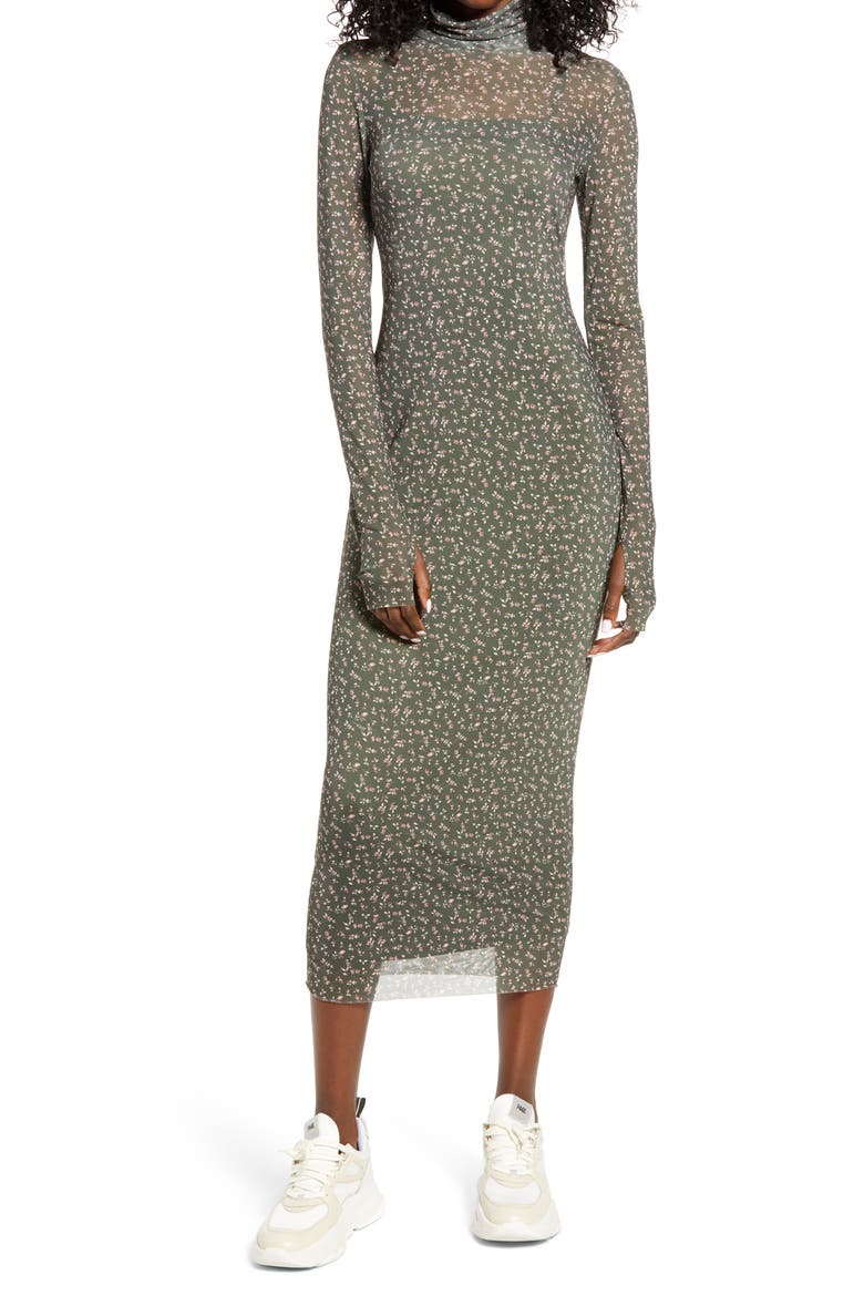 Shailene Sheer Long Sleeve Dress, Main, color, OLIVE TULIP DISTY