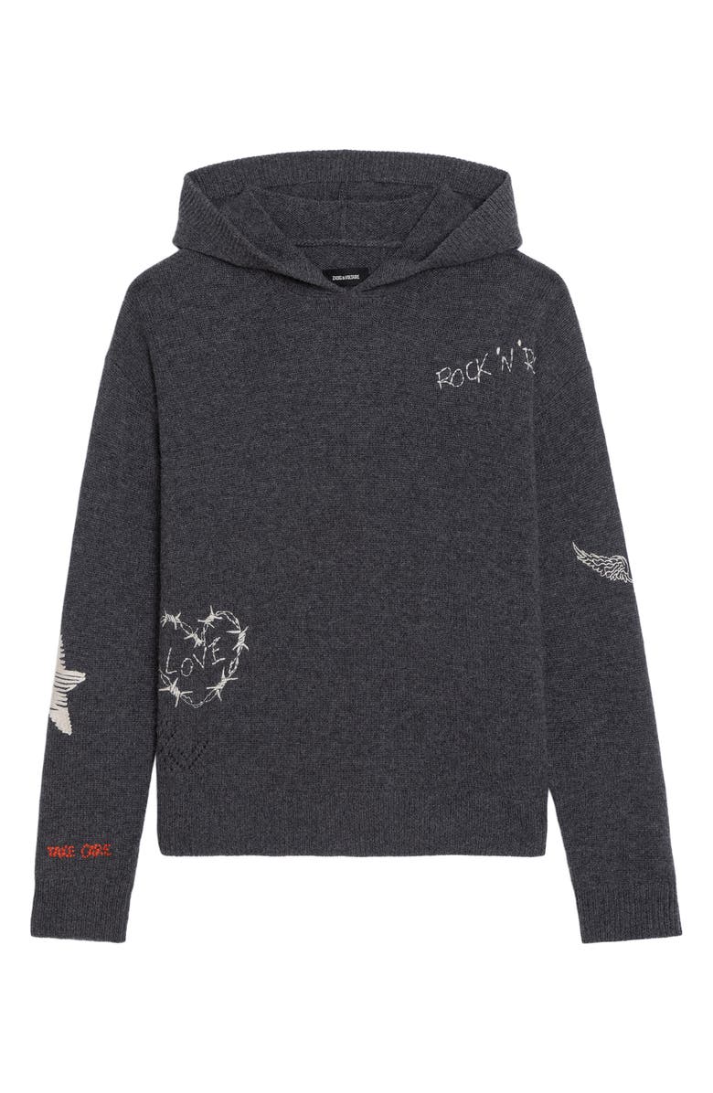 Zadig & Voltaire Markyz Embroidered Cashmere Hoodie, Alternate, color, Charcoal