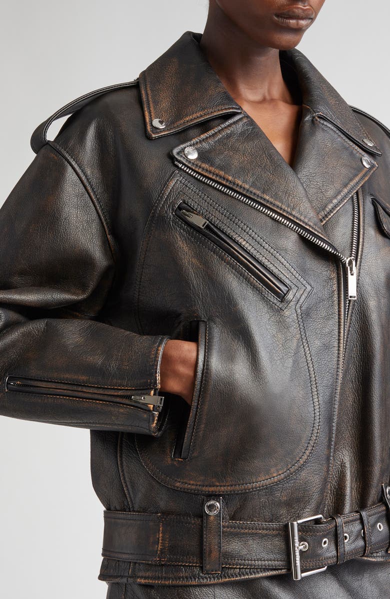 McQueen Distressed Leather Moto Jacket, Alternate, color, Dark Brown/ Tan