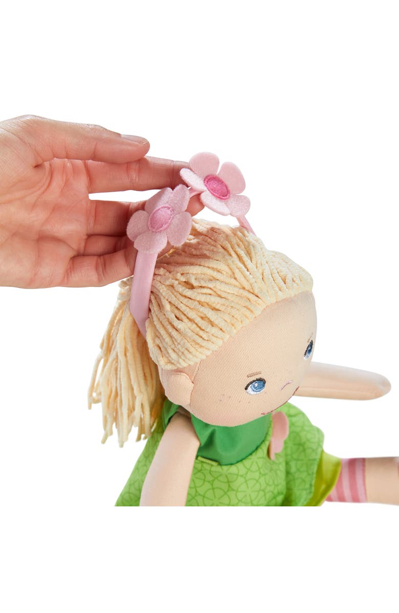 HABA 12" Soft Doll Mali with Blonde Hair and Blue Eyes, Soft Toddler Baby Dolls with Embroidered Face, Machine Washable Toddler Girl Toys for 18 mo+, Alternate, color, Green Multi