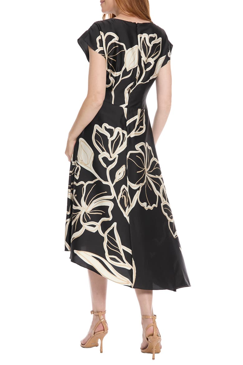 Print Asymmetric Satin Midi Dress, Alternate, color, BLACK/ CREAM