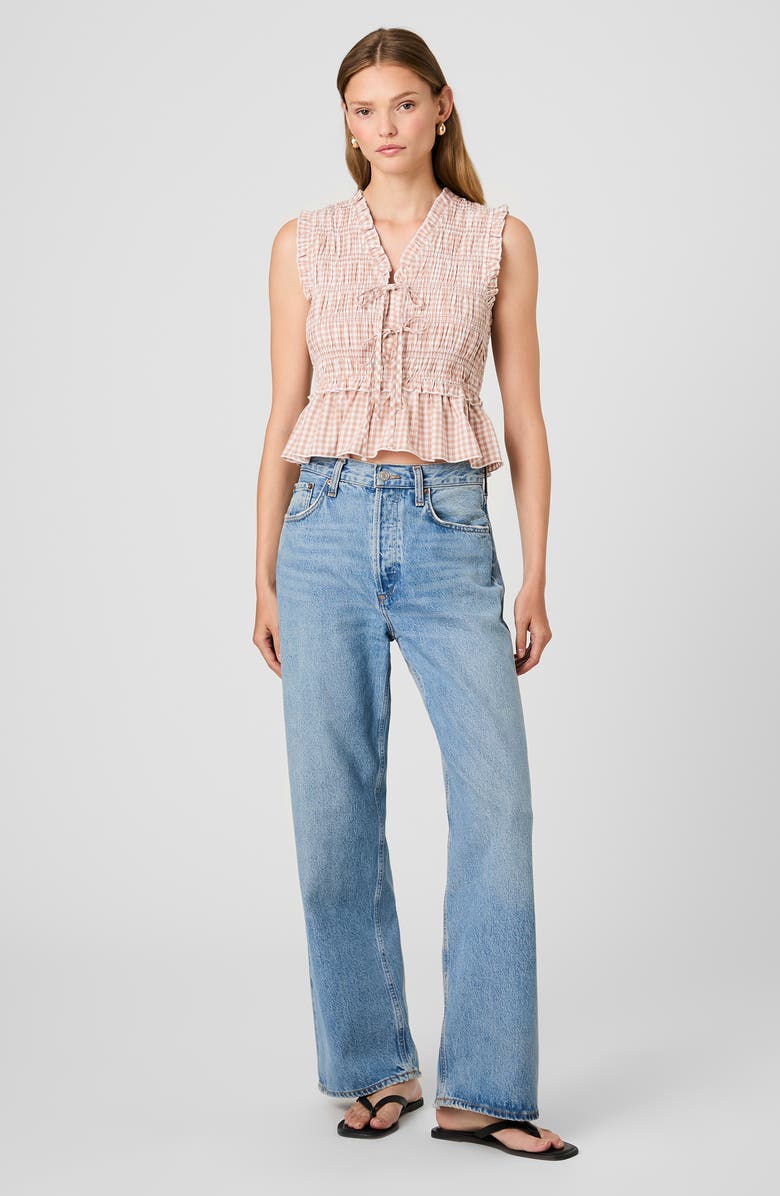 French Connection Rhodes Ruffle Smocked Peplum Cotton Poplin Top, Alternate, color, Petite Gingham Almond