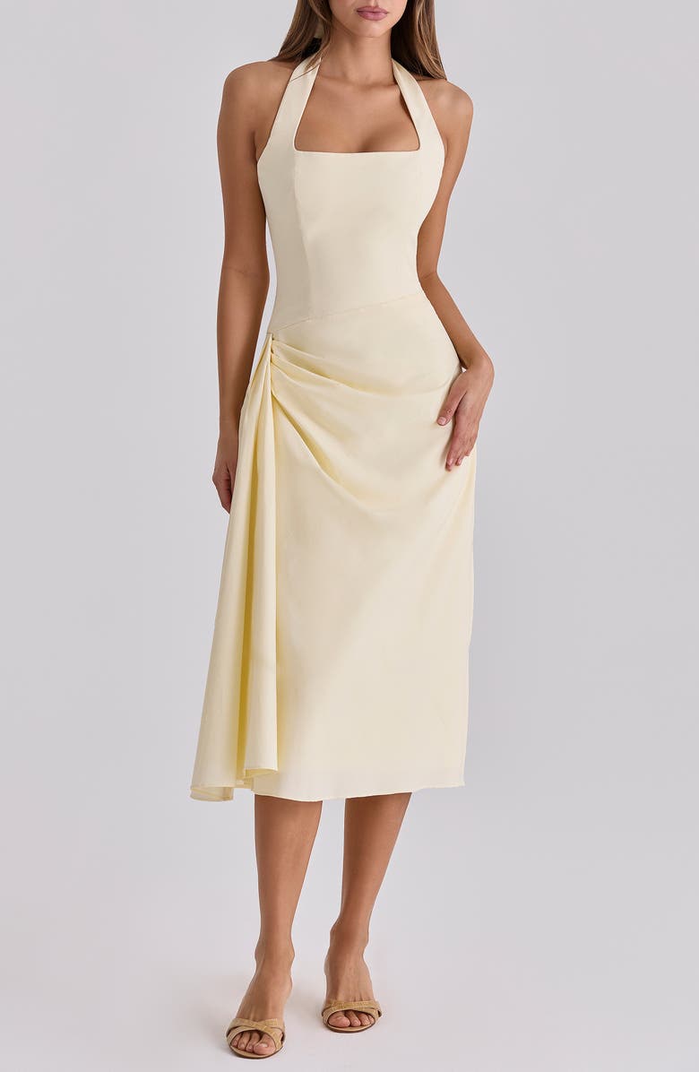 HOUSE OF CB Tallulah Halter Neck Stretch Cotton Midi Dress, Main, color, Lemon