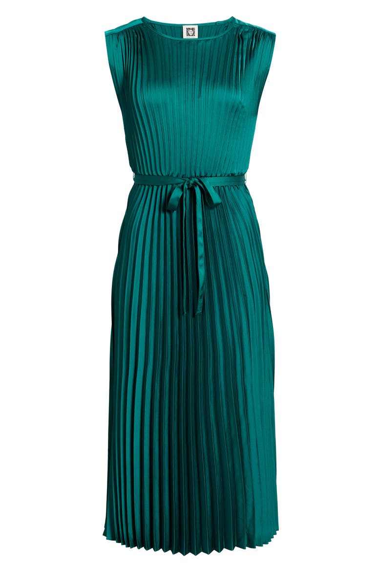 Sunburst Pleated Satin Midi Dress, Alternate, color, DEEP JADE