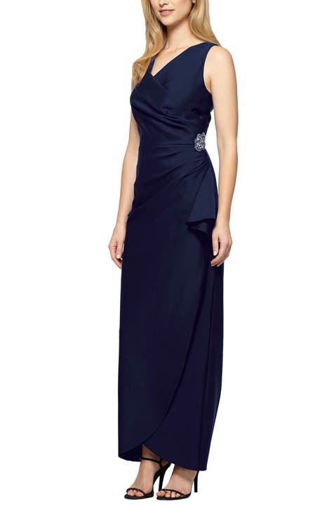 DRESS THE POPULATION Ariel Racerback Faux Wrap Crepe Dress Gown, sale Black Small NWT